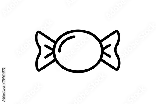 Minimalist black and white line drawing of a wrapped hard candy or sweet confectionery item