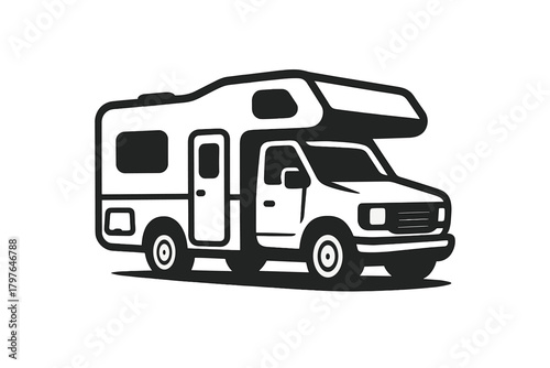 Stylized black and white recreational vehicle motorhome camper van silhouette