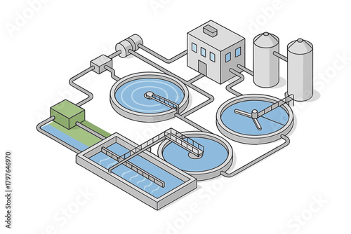 Isometric view of a modern industrial water purification and sewage treatment facility