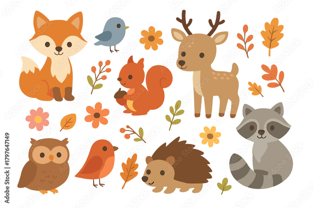 Naklejka premium Adorable woodland animals set featuring fox deer raccoon squirrel hedgehog owl and birds