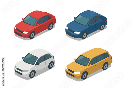 Set of four colorful isometric passenger cars isolated on a white background including sedan, hatchback, and station wagon models