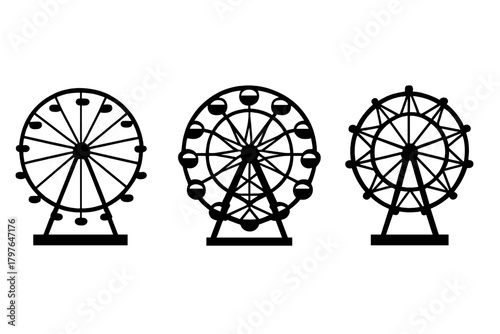 Set of three black and white Ferris wheel designs for amusement park and entertainment graphics