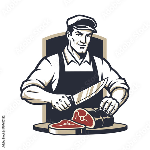 Butcher expertly slicing meat with a sharp knife, showcasing culinary skill.