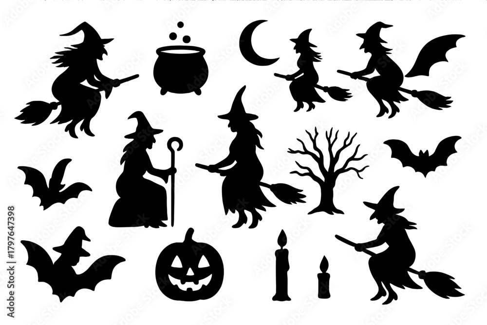 Fototapeta premium Halloween silhouettes featuring witches flying on brooms, spooky bats, carved pumpkin, cauldron, and bare tree