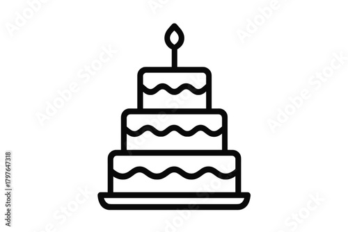 Three-tier birthday cake with a lit candle on top ready for a celebration party event