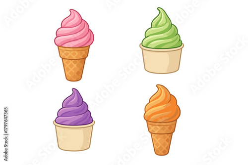 Four colorful soft serve frozen dessert treats in waffle cones and paper cups