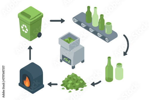Industrial process of glass bottle recycling showing collection, crushing, melting, and reuse