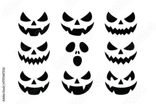 Collection of nine spooky carved faces for Halloween pumpkin decoration and scary mask designs