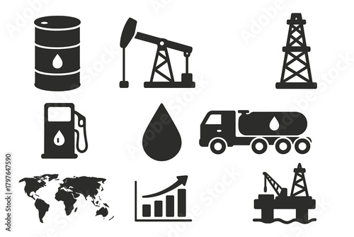 Global petroleum and energy industry icons representing production and consumption