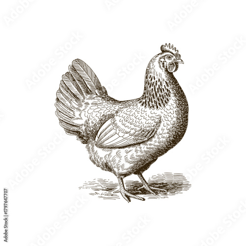 Vintage engraving woodcut hen vector illustration art design