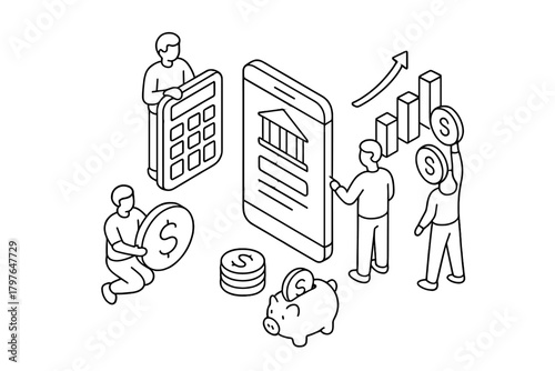 People managing finances, savings, and investments using mobile banking and digital tools