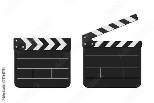 Black and white film clapperboards in open and closed positions for movie production