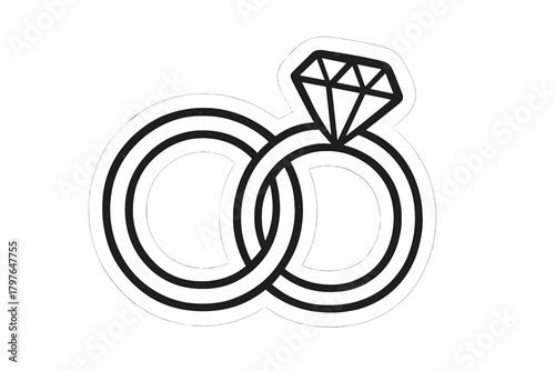 Simple black and white depiction of two interlocking wedding rings with a diamond engagement ring