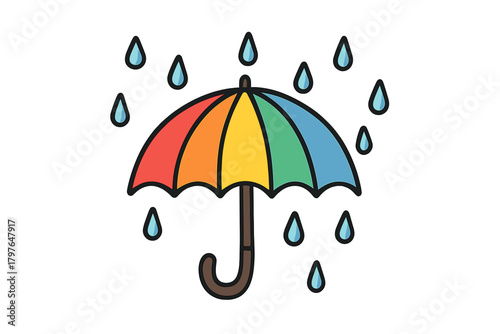 Bright rainbow umbrella catching falling rain drops