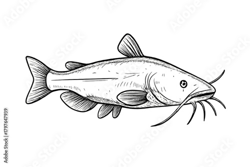 Freshwater catfish swimming with prominent barbels in black and white sketch style
