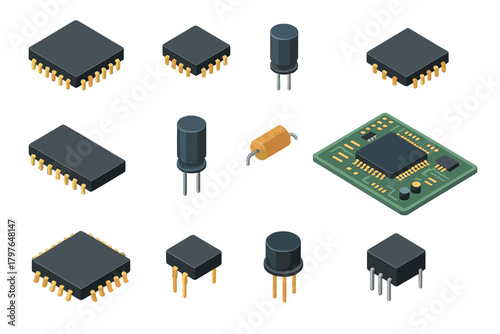 Electronic components collection featuring microchips, capacitors, transistors, and a circuit board in isometric view