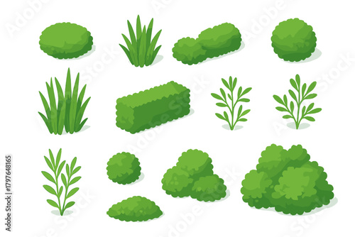 Isometric green bushes, shrubs, grass, and garden plants for landscape design
