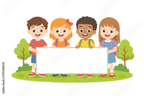 Happy diverse school kids holding a blank white banner sign standing on green grass with trees