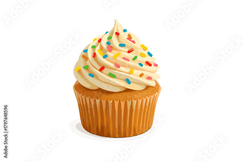 Vanilla cupcake with creamy white frosting and colorful candy sprinkles isolated on white