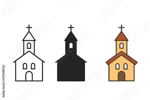 Minimalist church building icon set with steeple and cross symbol in three distinct graphic styles