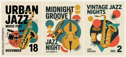 Set of three vintage-style jazz music posters with bold typography, geometric retro shapes, saxophone, bass, and drums in teal, orange, red, and gold for music events