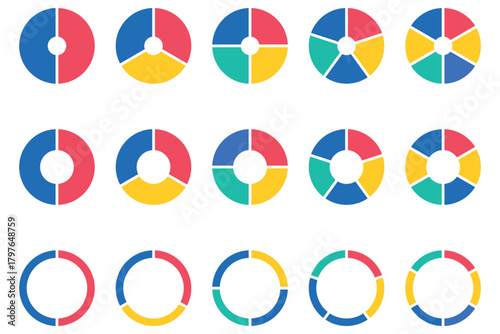 Pie charts diagram set. Circle pie charts 1,2,3,4,5,6,7,8,9,10,11,12 sections. Wheel round segment infographic part. Circle section graph. Pie charts diagrams