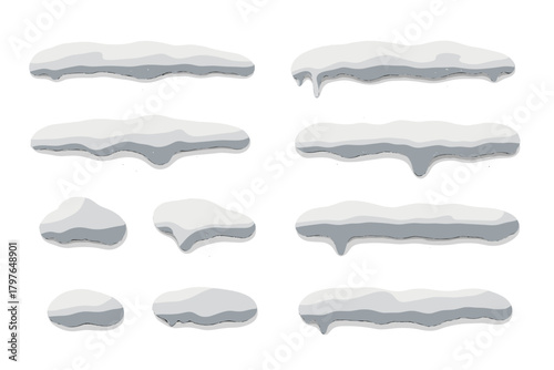 Realistic winter snow caps, drifts, and melting icicles isolated on white