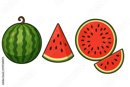 Fresh ripe watermelons displayed whole, sliced, and in cross-section isolated on white