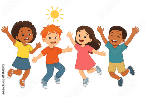 Group of diverse happy children jumping and celebrating together under a bright sun