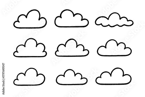 Simple hand drawn style collection of nine cloud shapes and weather icons