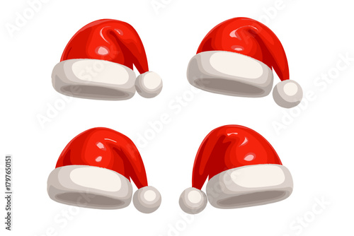 Four glossy red Santa hats with white fur trim and pom-poms isolated against a clean white backdrop