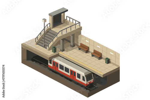 Underground subway station platform with train and stairs in detailed isometric perspective