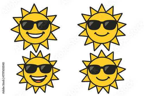 Collection of four cheerful cartoon sun faces wearing black sunglasses and smiling brightly