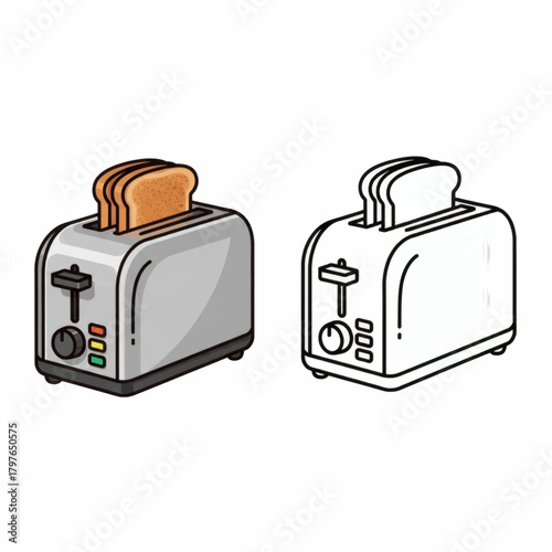 Toaster Illustration With Two Slices of Toast, Vector Graphic, Minimalist Style, and Outline Version