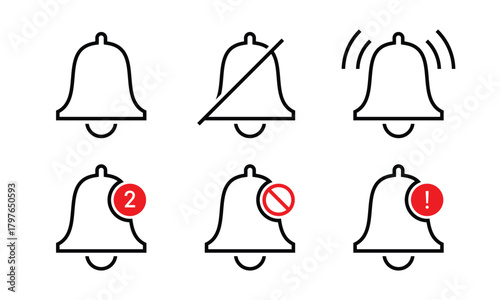 Set of bell icons representing notification states