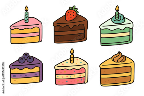 Set of six colorful layered dessert cake slices featuring various toppings and sweet flavors