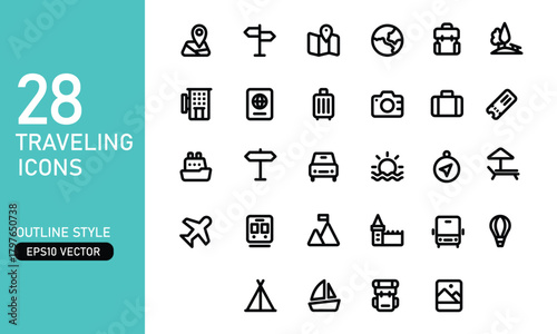 Set of 28 traveling icons in outline style