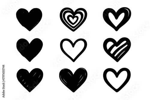 Collection of nine hand drawn doodle hearts set in black and white for romantic designs