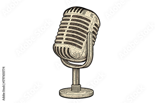 Detailed classic vintage microphone on a stand rendered in retro engraving style