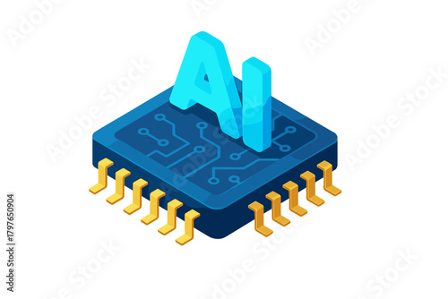 Isometric microchip symbolizing advanced computing power and machine learning