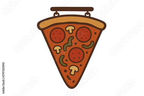 Delicious slice of pizza hanging sign with pepperoni mushrooms and peppers for restaurant branding