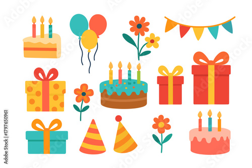 Colorful collection of birthday party elements: cakes, candles, balloons, gifts, and hats