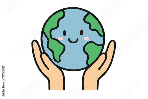 Human hands gently holding and supporting the happy smiling planet Earth globe