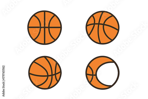 Minimalist set of basketball icons showing different views of the classic sports ball