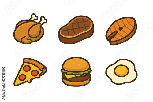 Set of popular protein and fast food items including chicken, steak, salmon, pizza, burger, and egg