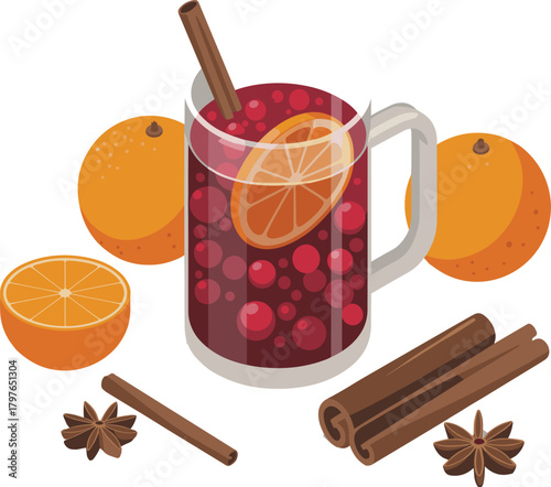 Isometric Mulled Wine or Glühwein Drink with Orange, Cinnamon, and Star Anise Vector Illustration - Holiday Beverage Graphic