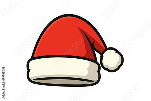 Classic red and white Santa Claus hat with fluffy pom pom and fur trim for Christmas holidays