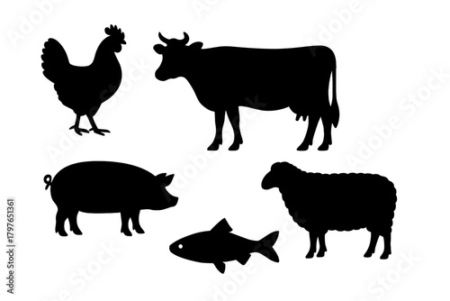 Collection of black silhouettes depicting domestic livestock, poultry, and fish symbols for food and farming concepts