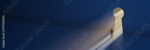 A man walking to a gap in the wall in the form of a keyhole with light spilling out. Concept for key to success, positivity, getting out of a depression, the way forward. Web banner format