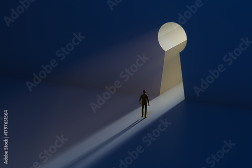 A man walking to a gap in the wall in the form of a keyhole with light spilling out. Concept for key to success, positivity, getting out of a depression, the way forward.